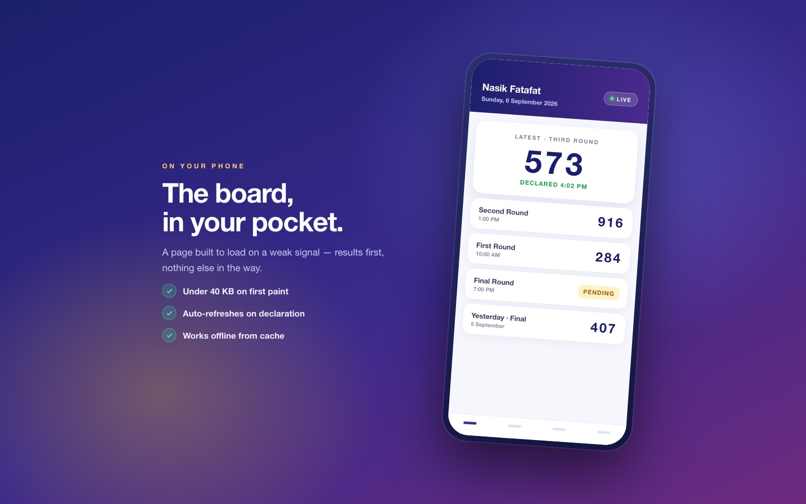 The result board shown on a phone